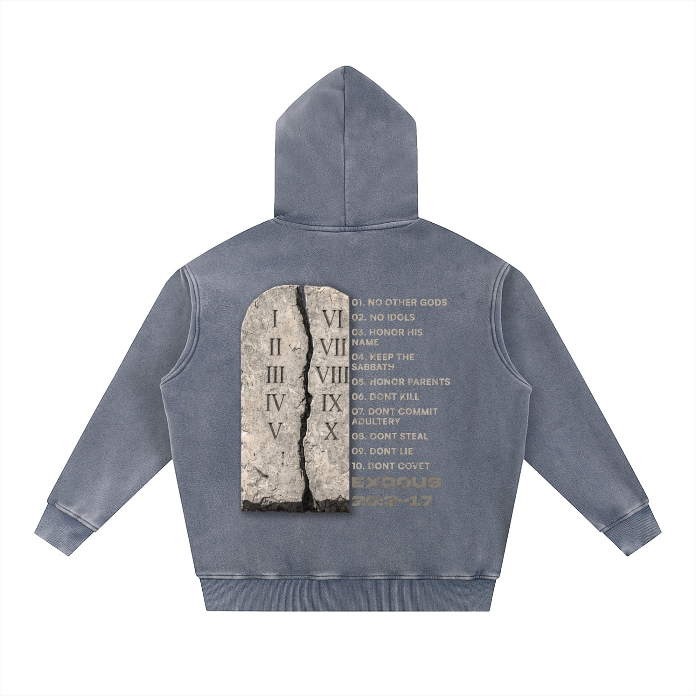 Foundation 10 Commandments oversized hoodie in washed blue cotton blend with stone tablet graphic and text on back.