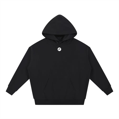 Foundation. black cotton blend hooded sweatshirt with drop shoulder and front pocket. Unisex regular fit.