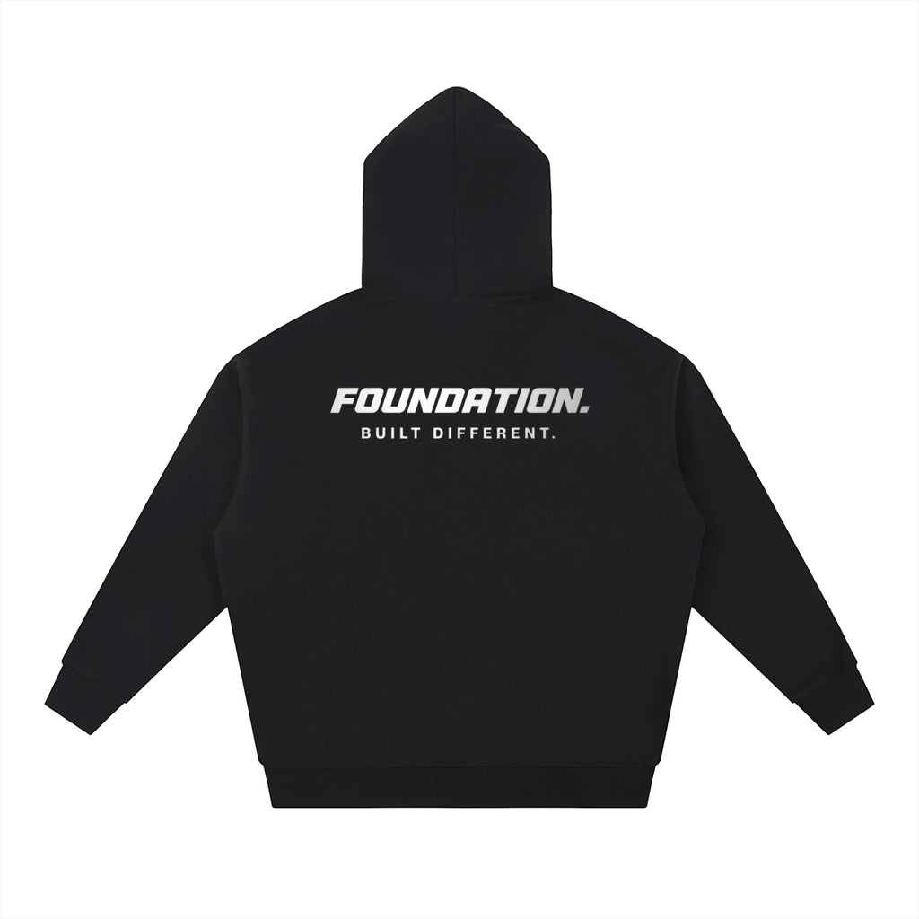 Foundation. black cotton blend hooded sweatshirt with "FOUNDATION. BUILT DIFFERENT." graphic print on back.