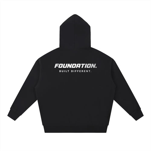 Foundation. black cotton blend hooded sweatshirt with "FOUNDATION. BUILT DIFFERENT." graphic print on back.