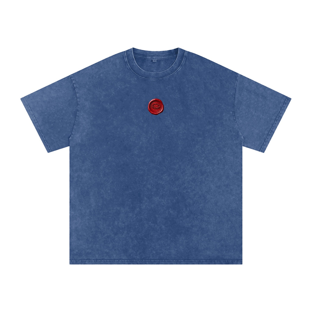 Foundation blue washed cotton oversized t-shirt with red wax seal graphic on chest.
