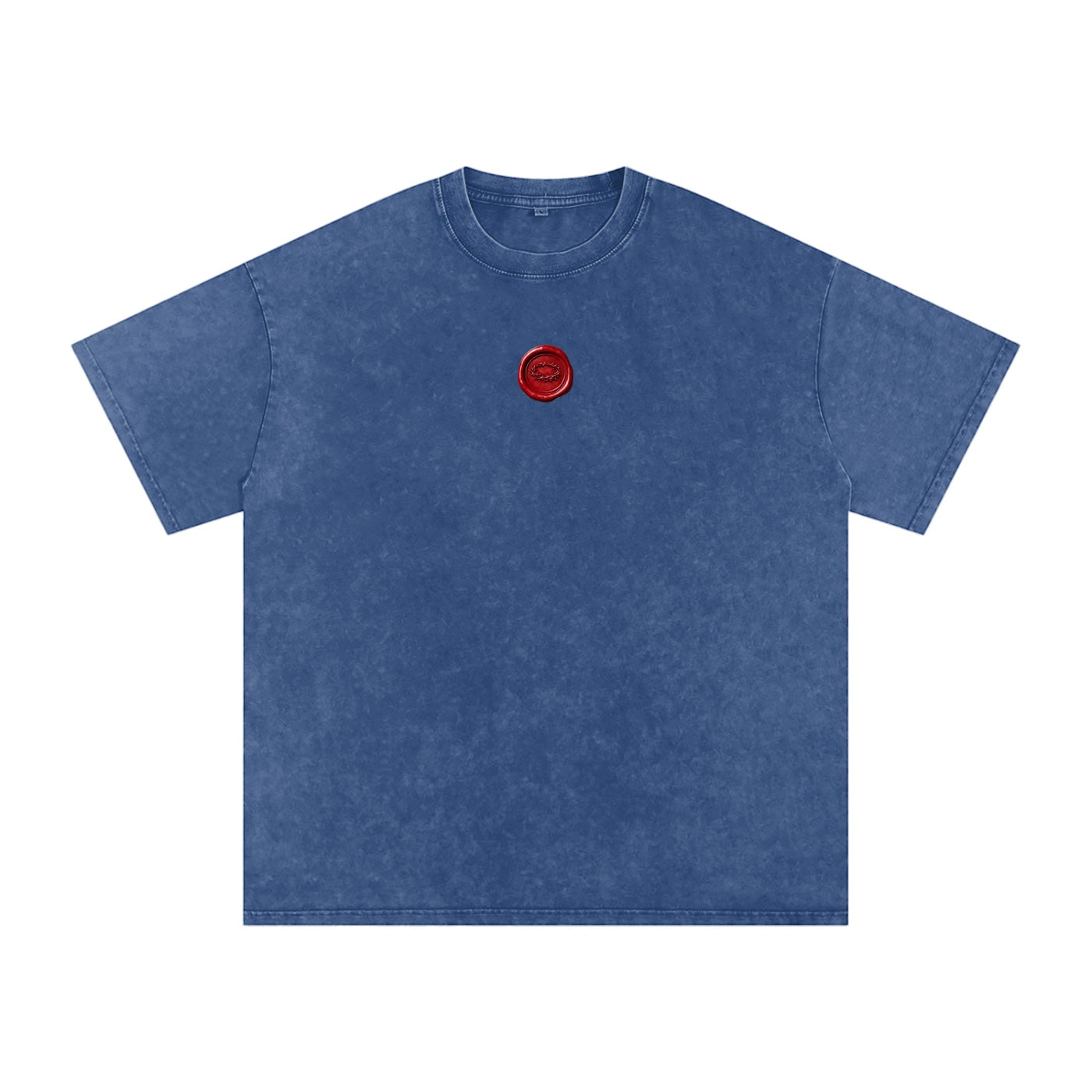 Foundation blue washed cotton oversized t-shirt with red wax seal graphic on chest.