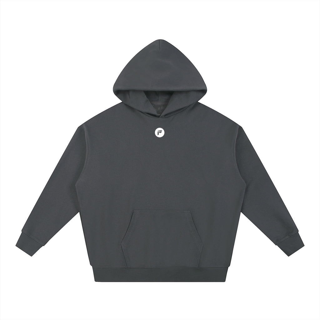 Foundation. charcoal grey cotton blend hooded sweatshirt with front pocket and white logo.