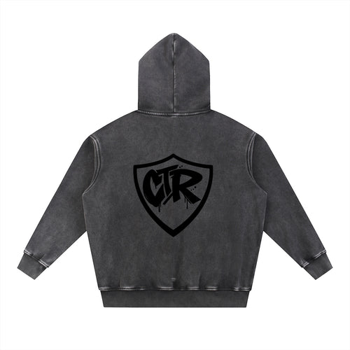 Foundation CTR Oversize Hoodie in charcoal grey with vintage wash and large black shield graphic on back.