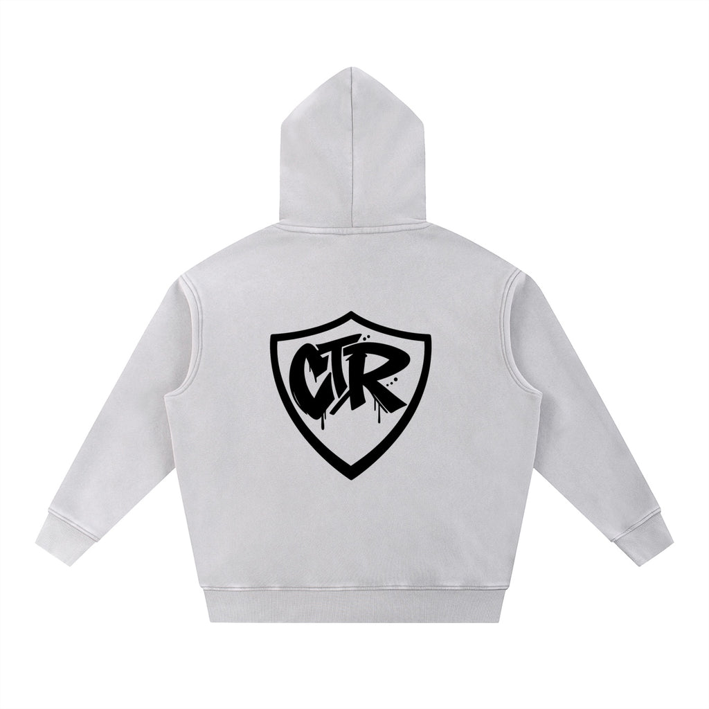 Foundation CTR Oversize Hoodie in light grey, vintage washed cotton blend with a black shield graphic on the back.