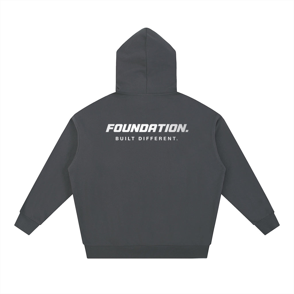 Foundation. dark grey cotton blend unisex hooded sweatshirt with white text print on back.