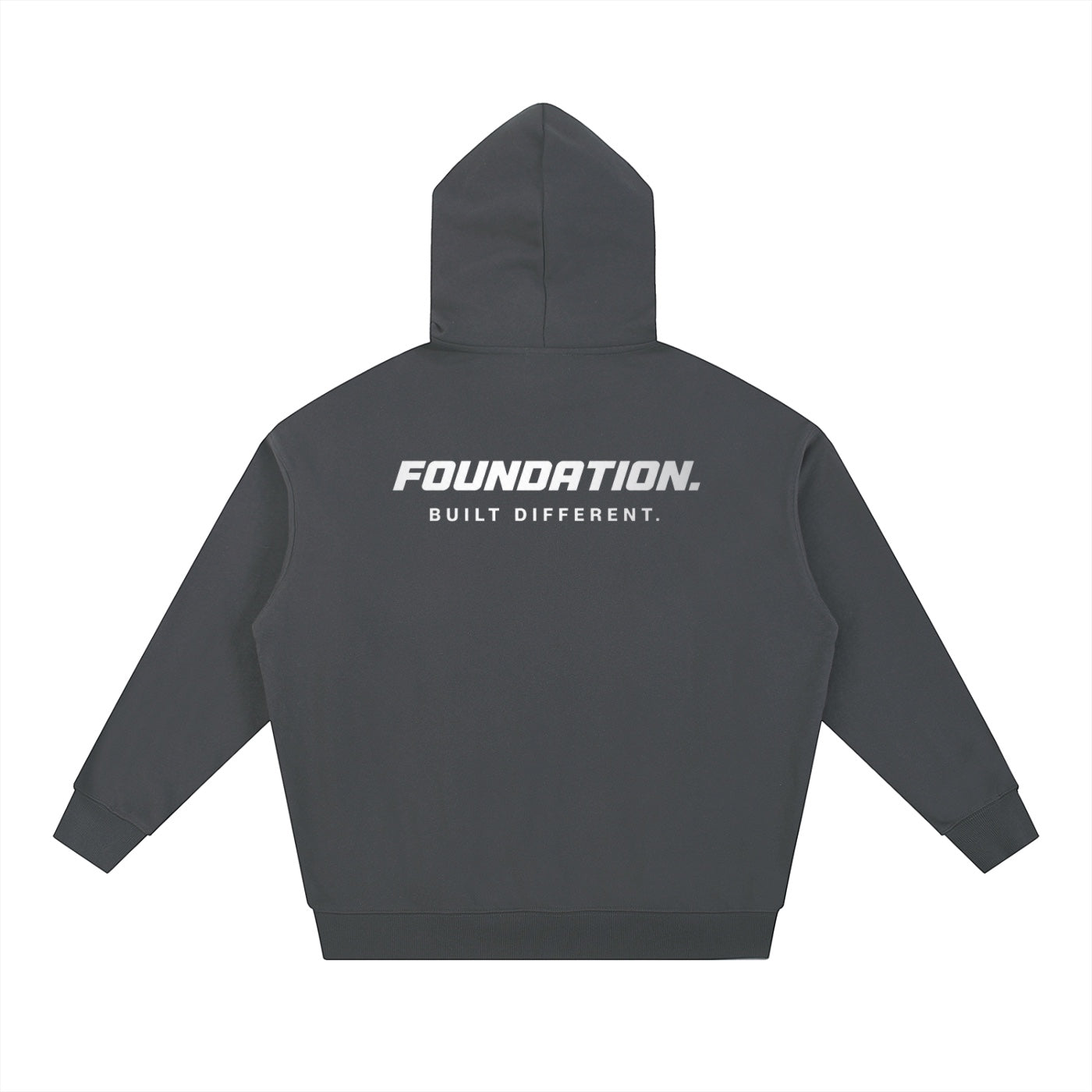 Foundation. dark grey cotton blend unisex hooded sweatshirt with white text print on back.