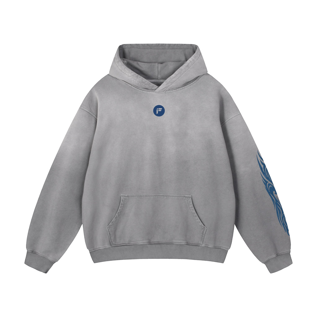 Foundation Deluxe oversized grey cotton hoodie with blue tribal sleeve graphics and front logo. Premium heavyweight fabric.