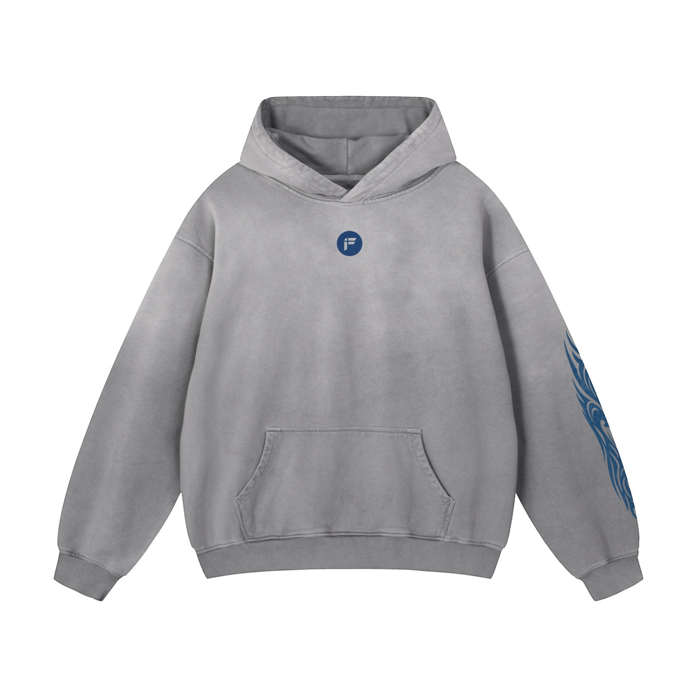 Foundation Deluxe oversized grey cotton hoodie with blue tribal sleeve graphics and front logo. Premium heavyweight fabric.