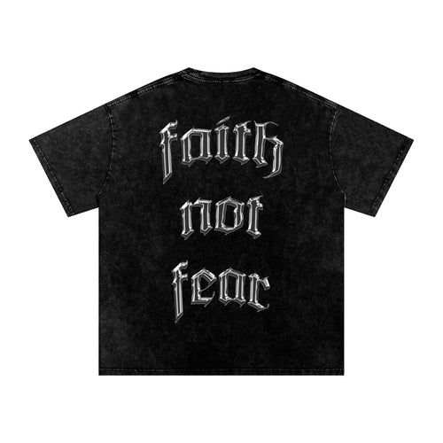 Foundation black oversized cotton t-shirt with "Faith Not Fear" graphic print on back.