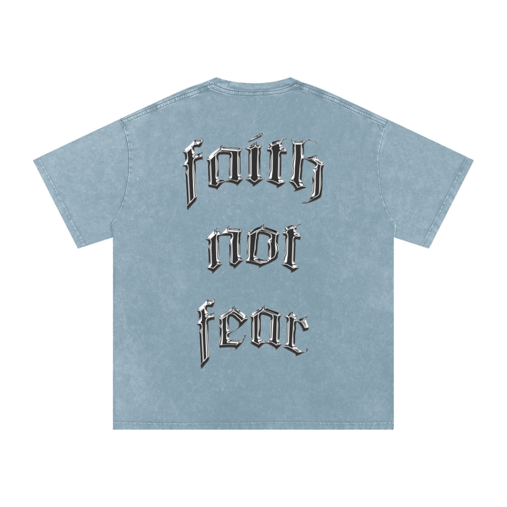 Foundation oversized light blue washed cotton t-shirt with "Faith Not Fear" graphic print on back.