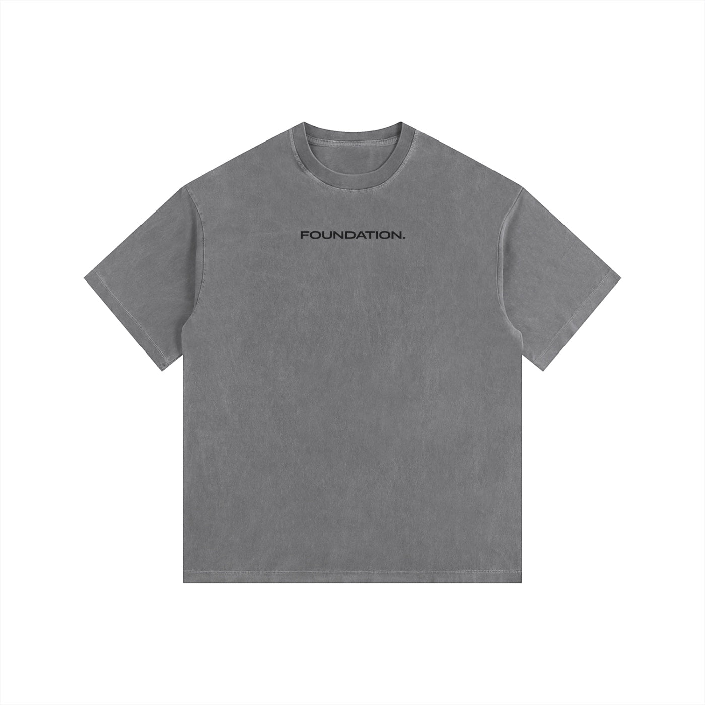 Foundation. oversized grey washed cotton t-shirt with black text logo on front.