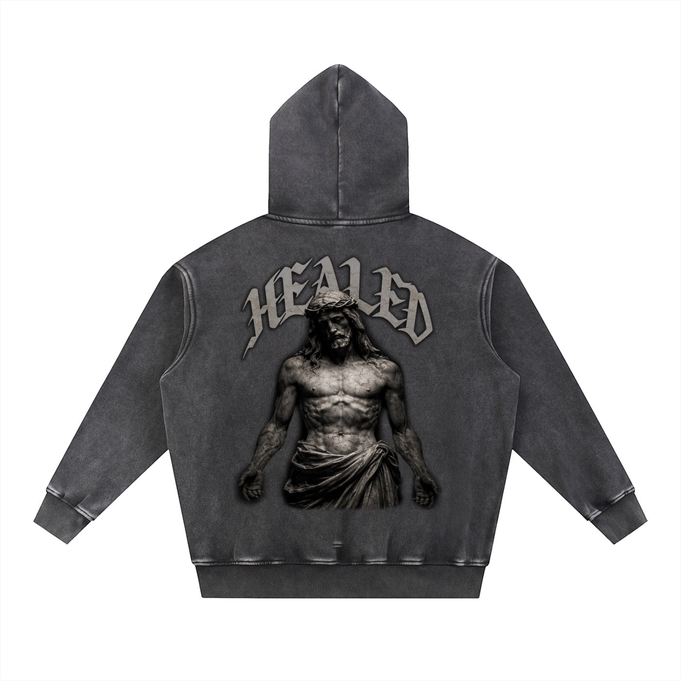 Foundation HEALED oversized charcoal grey washed cotton blend hoodie with Jesus graphic and text on back.