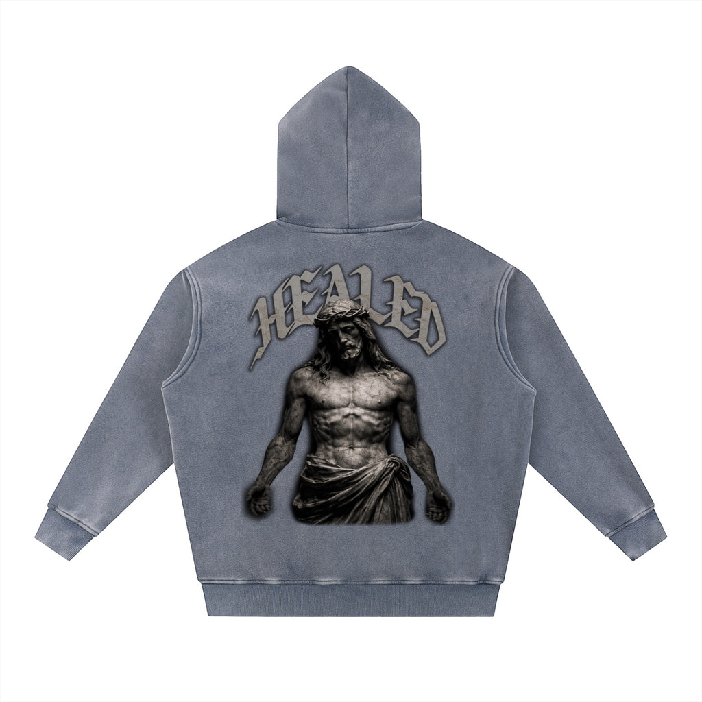 Foundation HEALED Oversize Hoodie with Jesus graphic and vintage washed finish. Cotton blend.