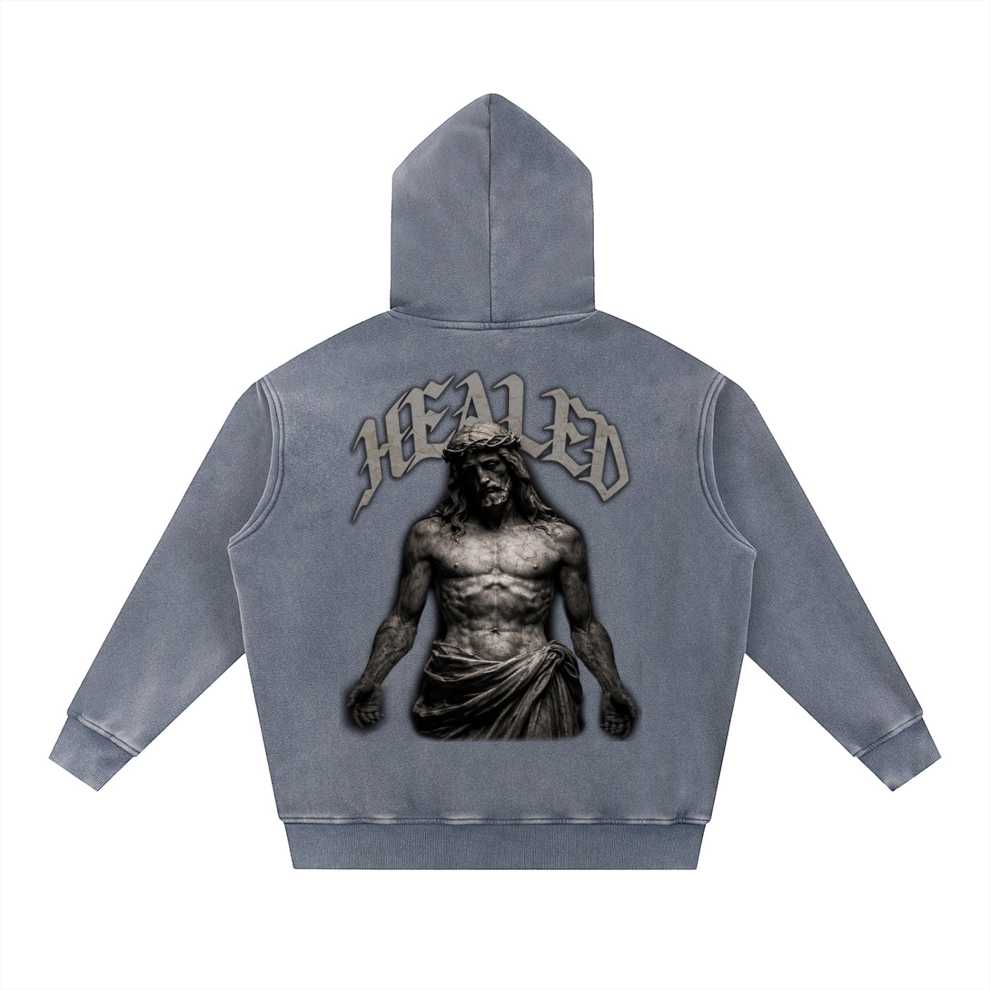 Foundation HEALED Oversize Hoodie with Jesus graphic and vintage washed finish. Cotton blend.