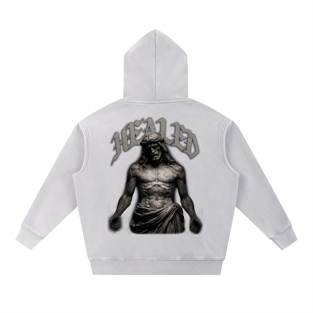 Foundation HEALED oversized hoodie with Jesus graphic and scripture on back. Washed grey cotton blend.