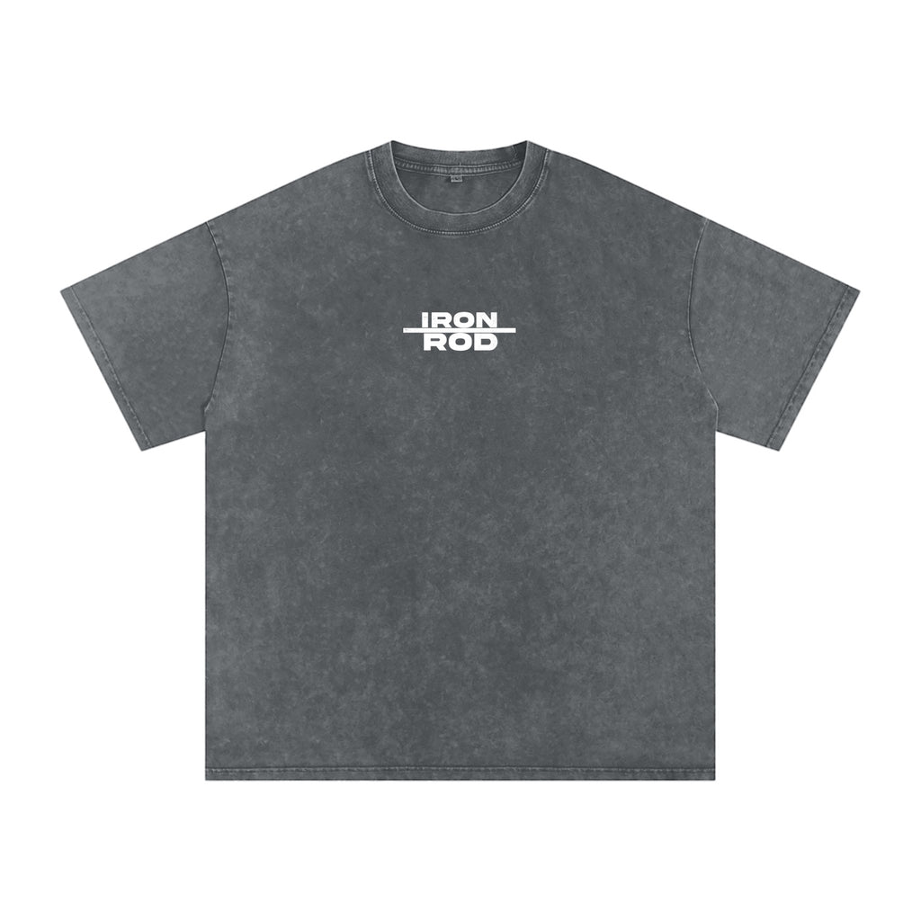 Foundation dark grey washed oversized cotton t-shirt with "IRON ROD" graphic on front.