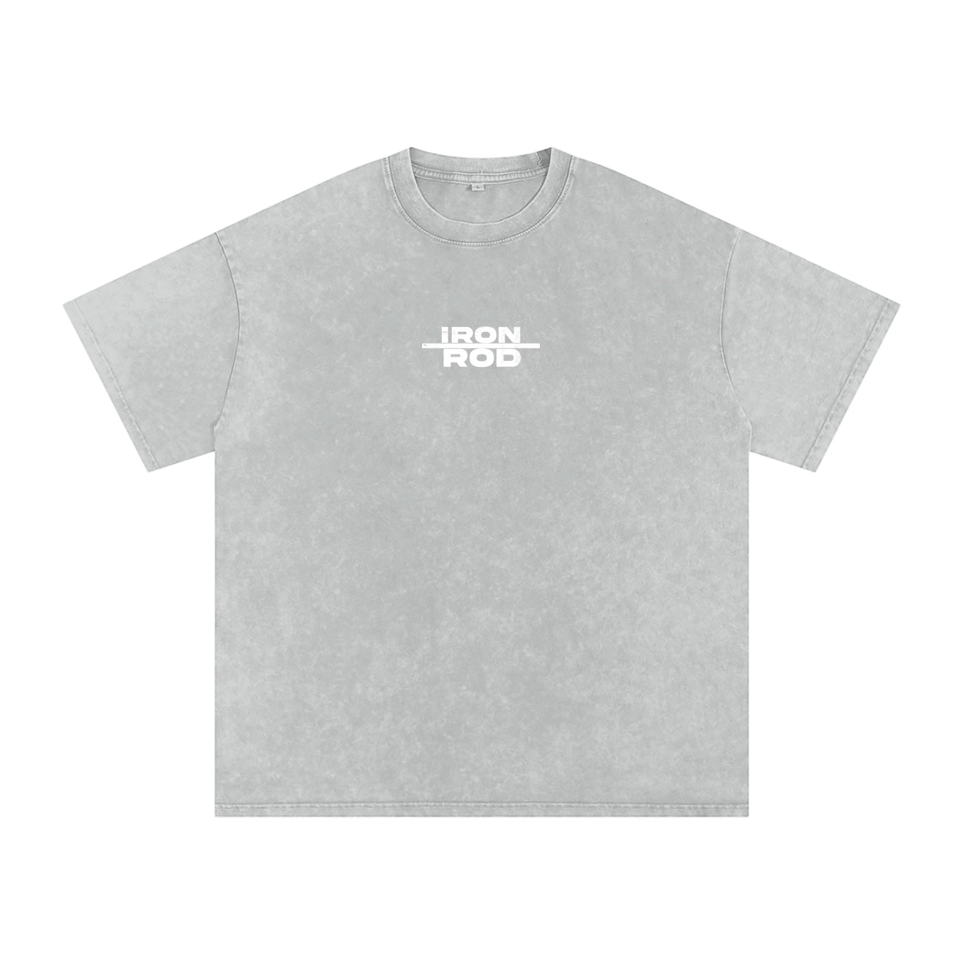 Foundation washed oversized grey t-shirt with "IRON ROD" logo on front and car graphic on back.