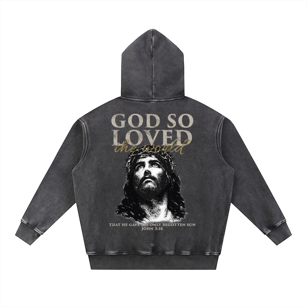 Foundation JOHN 3:16 oversized washed black fleece hoodie with Jesus graphic and scripture on back.