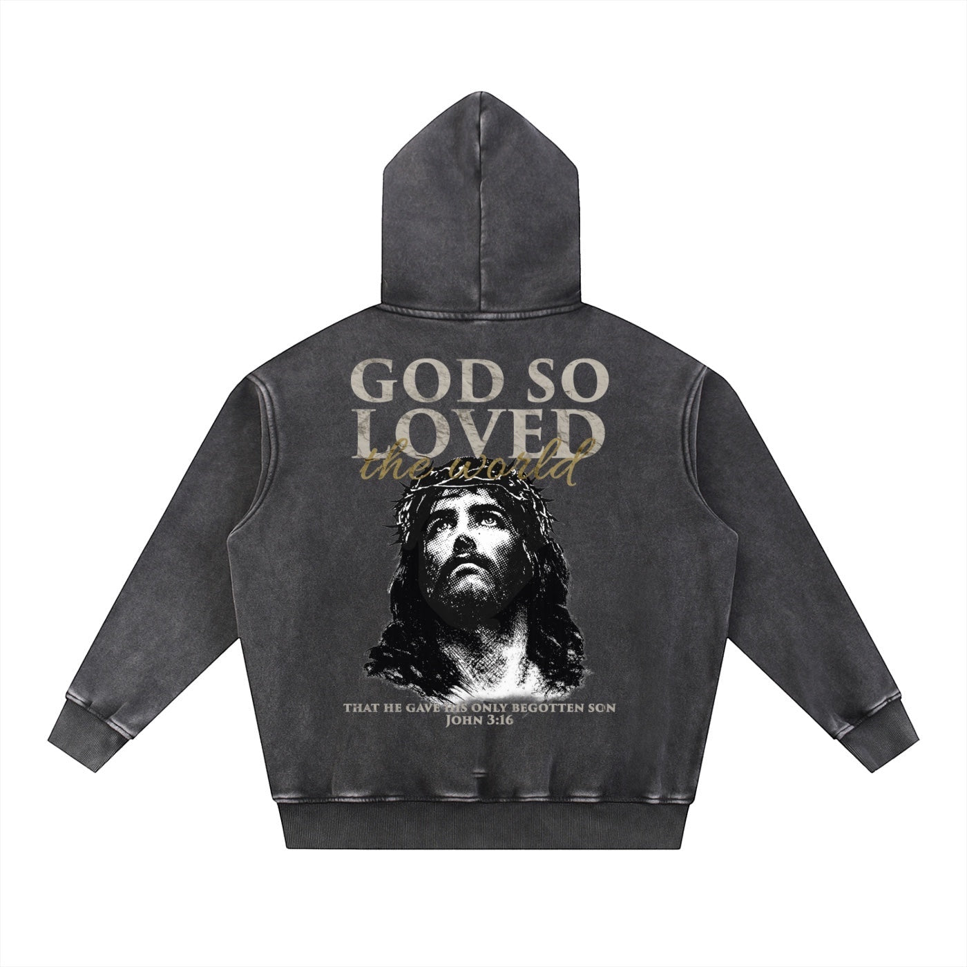 Foundation JOHN 3:16 oversized washed black fleece hoodie with Jesus graphic and scripture on back.