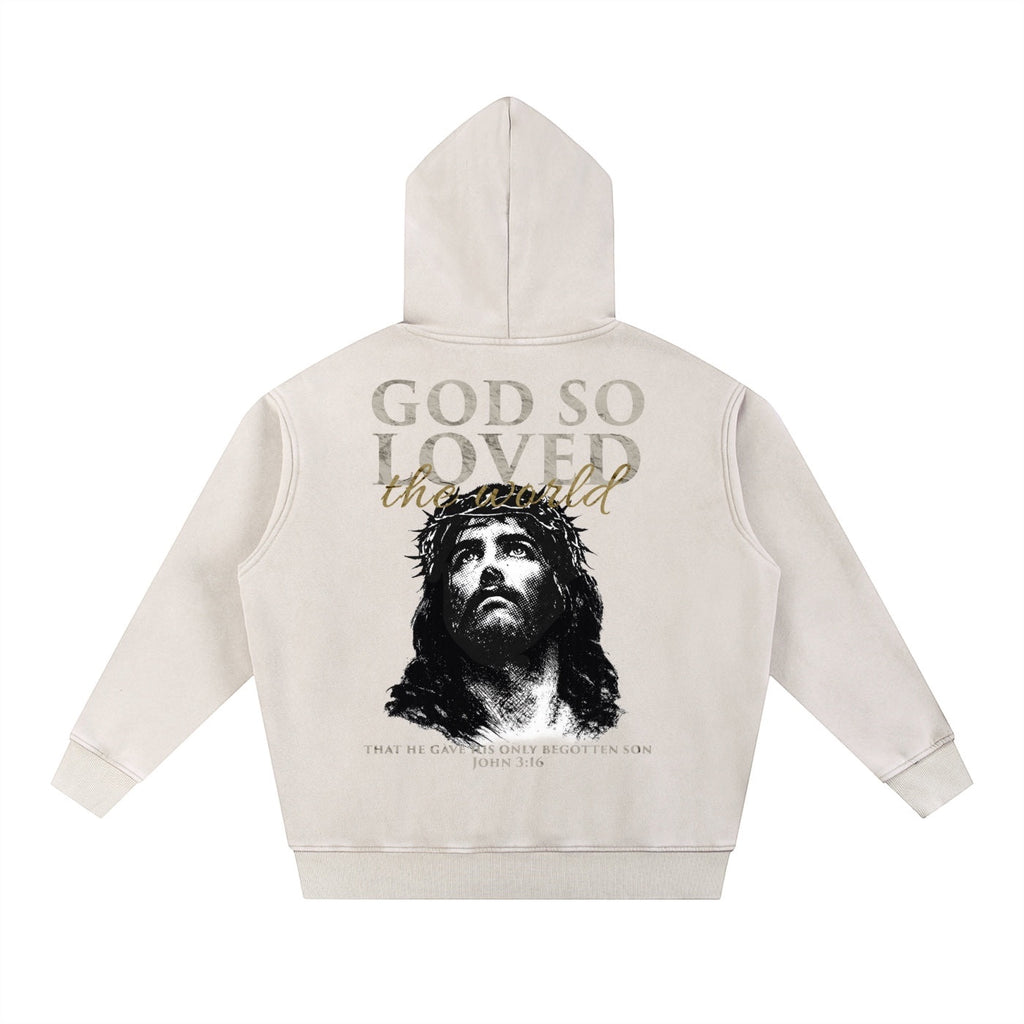 Foundation cream oversized hoodie with Jesus graphic and John 3:16 text. Features a vintage washed finish and embroidered cross detail.