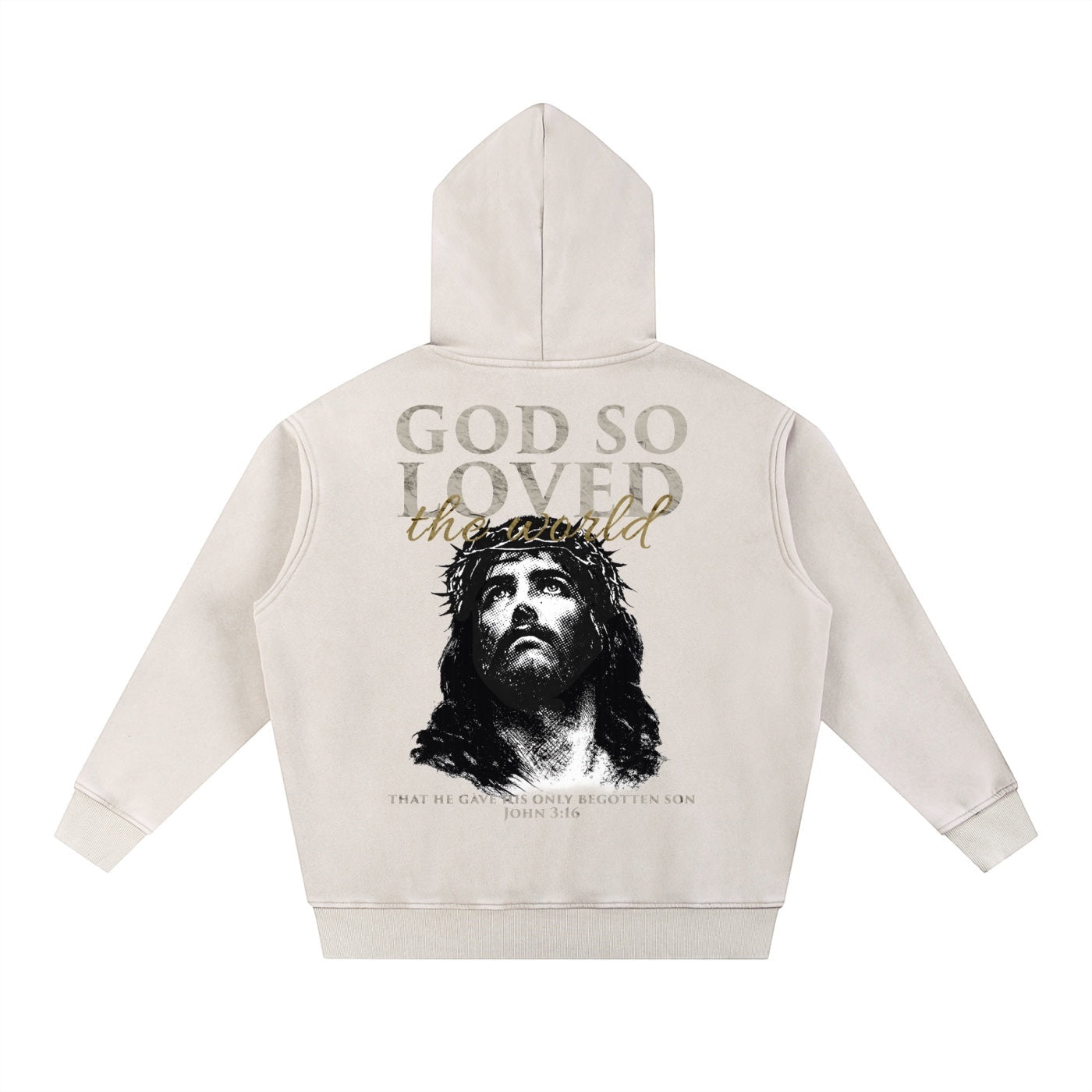 Foundation cream oversized hoodie with Jesus graphic and John 3:16 text. Features a vintage washed finish and embroidered cross detail.