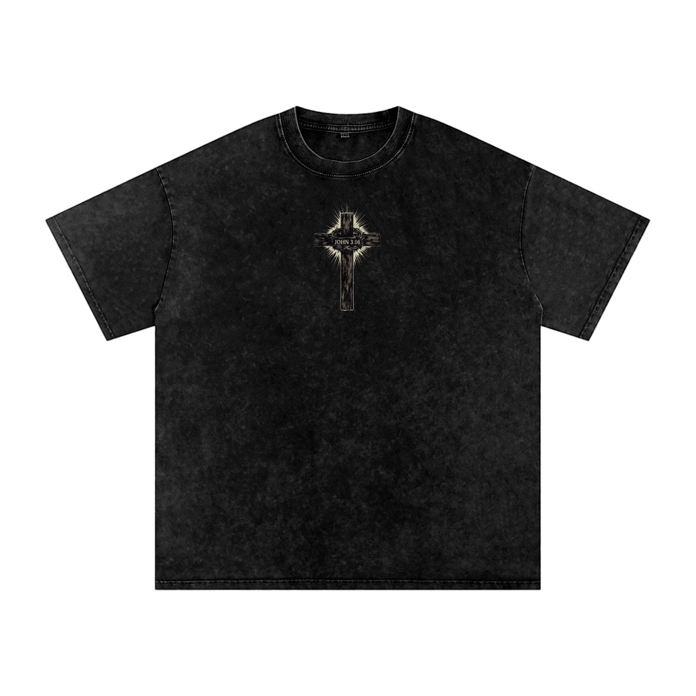 Foundation. JOHN 3:16 Oversize T-Shirt in black acid wash cotton with a distressed cross graphic and scripture.