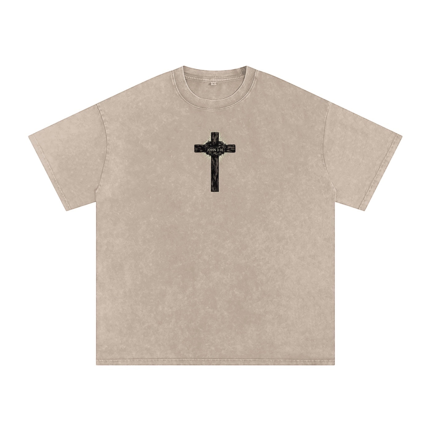 Foundation. JOHN 3:16 Oversize T-Shirt in beige acid-wash cotton with a black cross graphic and scripture detail.
