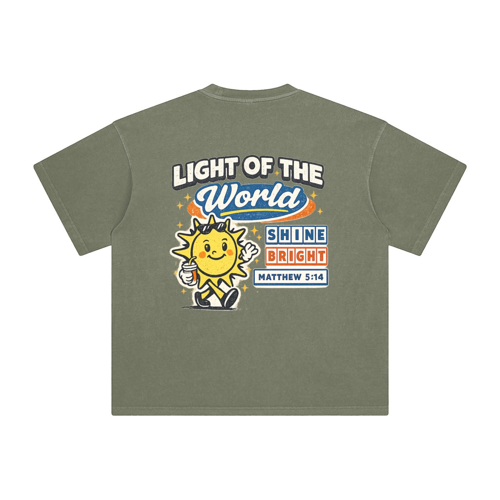 Foundation MATTHEW 5:14 Oversize T-Shirt in olive green, featuring a vintage wash and a graphic of a smiling sun holding a drink, with text "LIGHT OF THE WORLD SHINE BRIGHT MATTHEW 5:14".