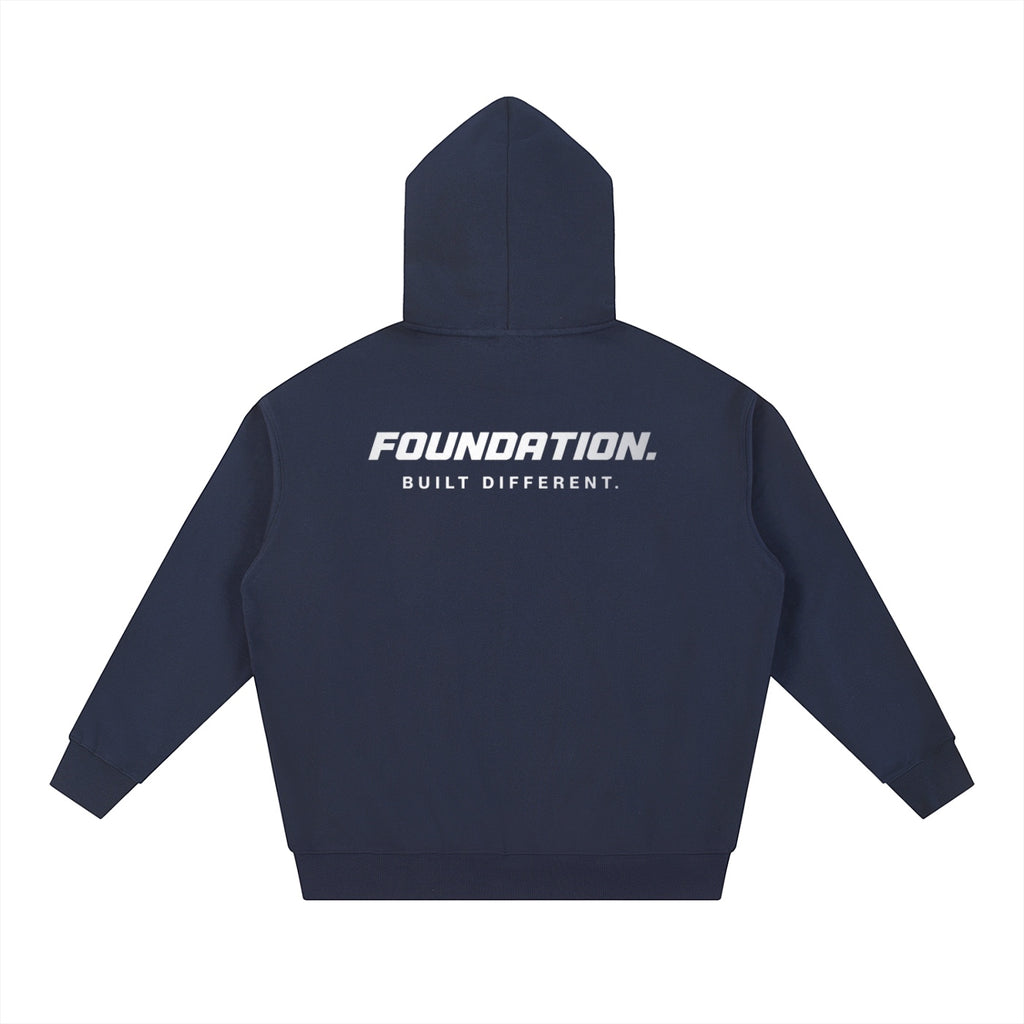 Foundation. navy blue cotton blend hooded sweatshirt with "FOUNDATION. BUILT DIFFERENT." graphic print on back.