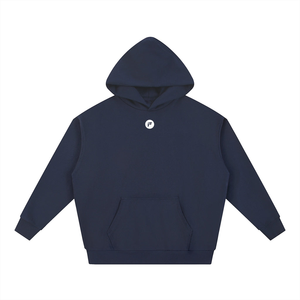 Foundation. navy blue cotton blend unisex hooded sweatshirt with drop shoulder and front pocket.