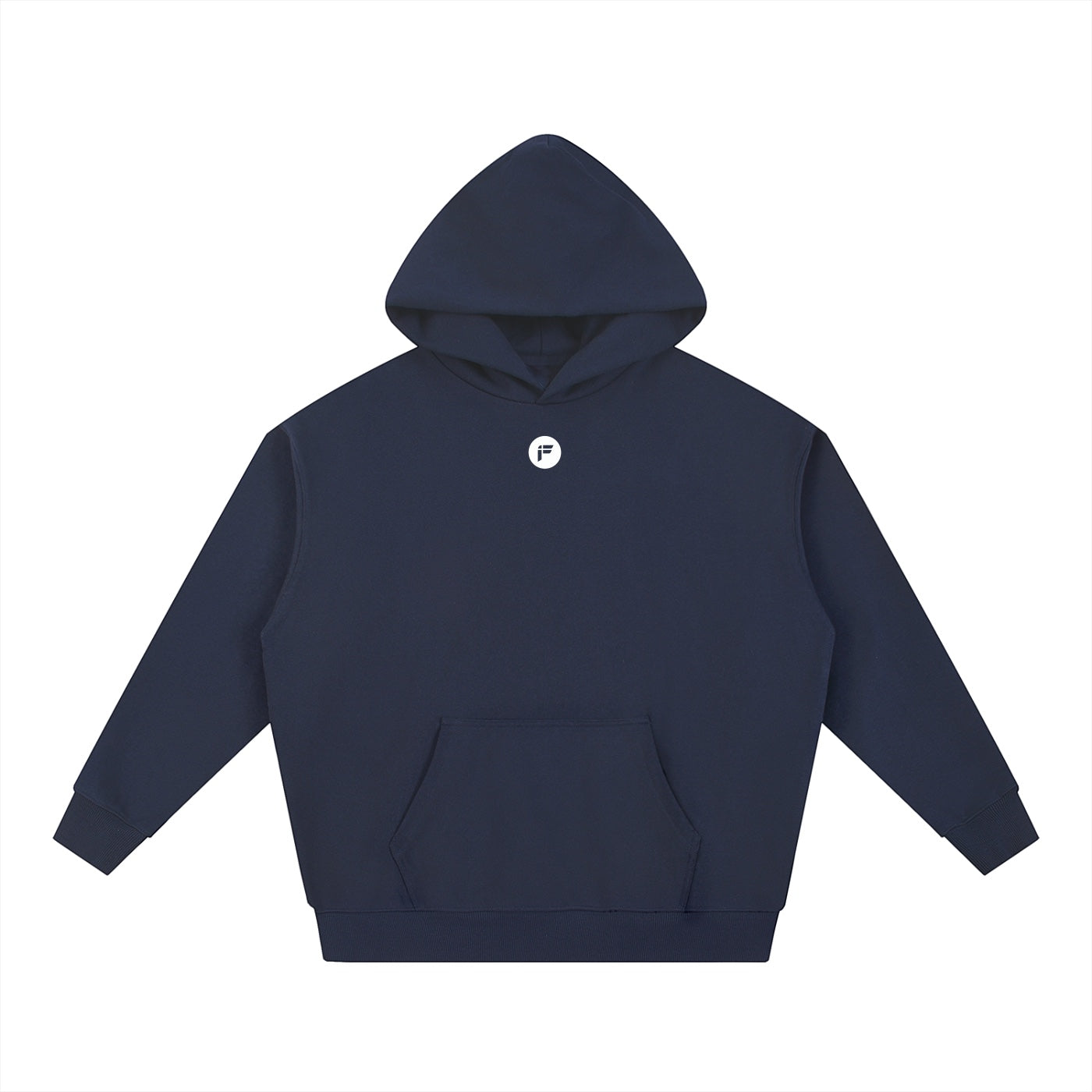 Foundation. navy blue cotton blend unisex hooded sweatshirt with drop shoulder and front pocket.