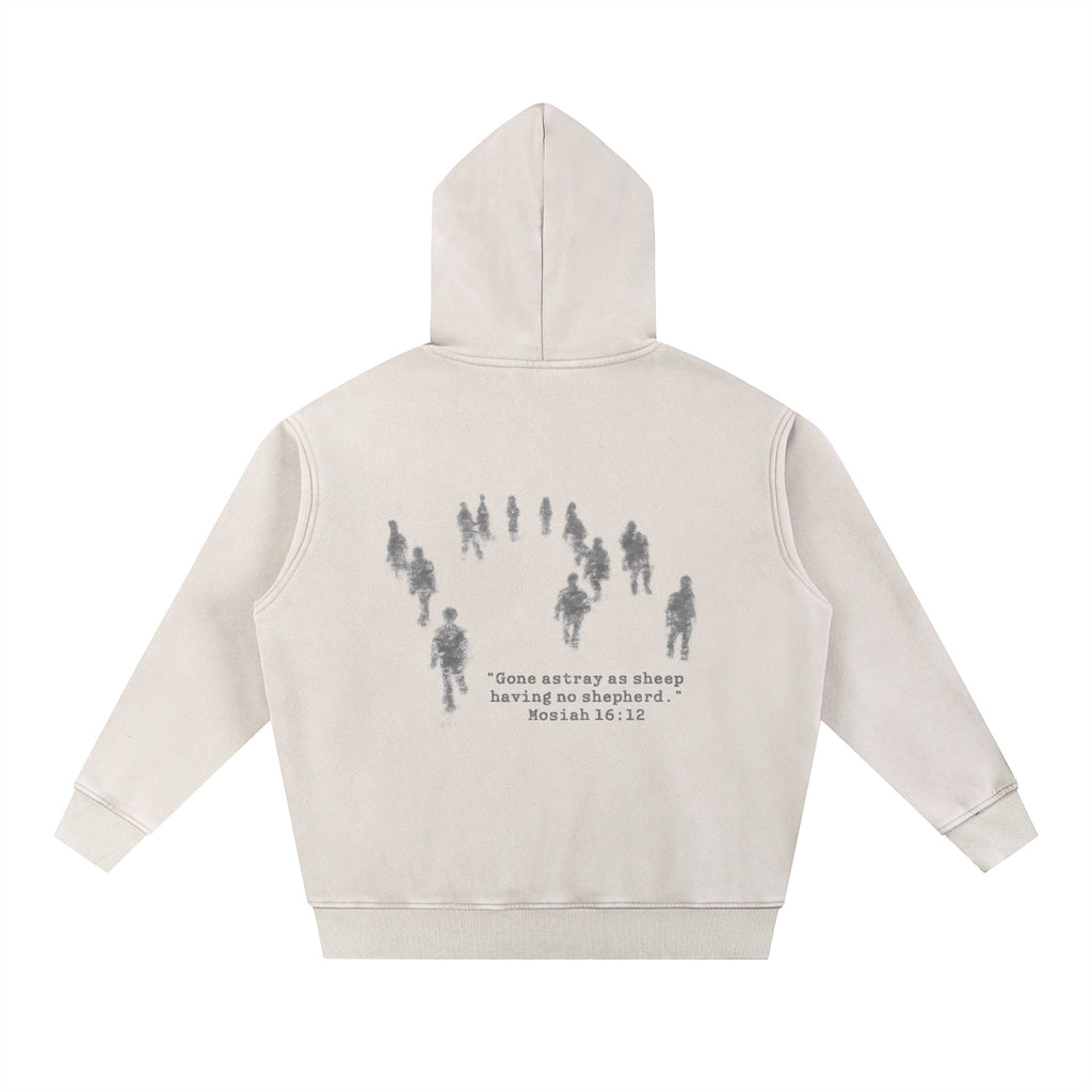 Foundation OFF PATH Oversize Hoodie in vintage washed beige cotton blend with graphic print and text on back.