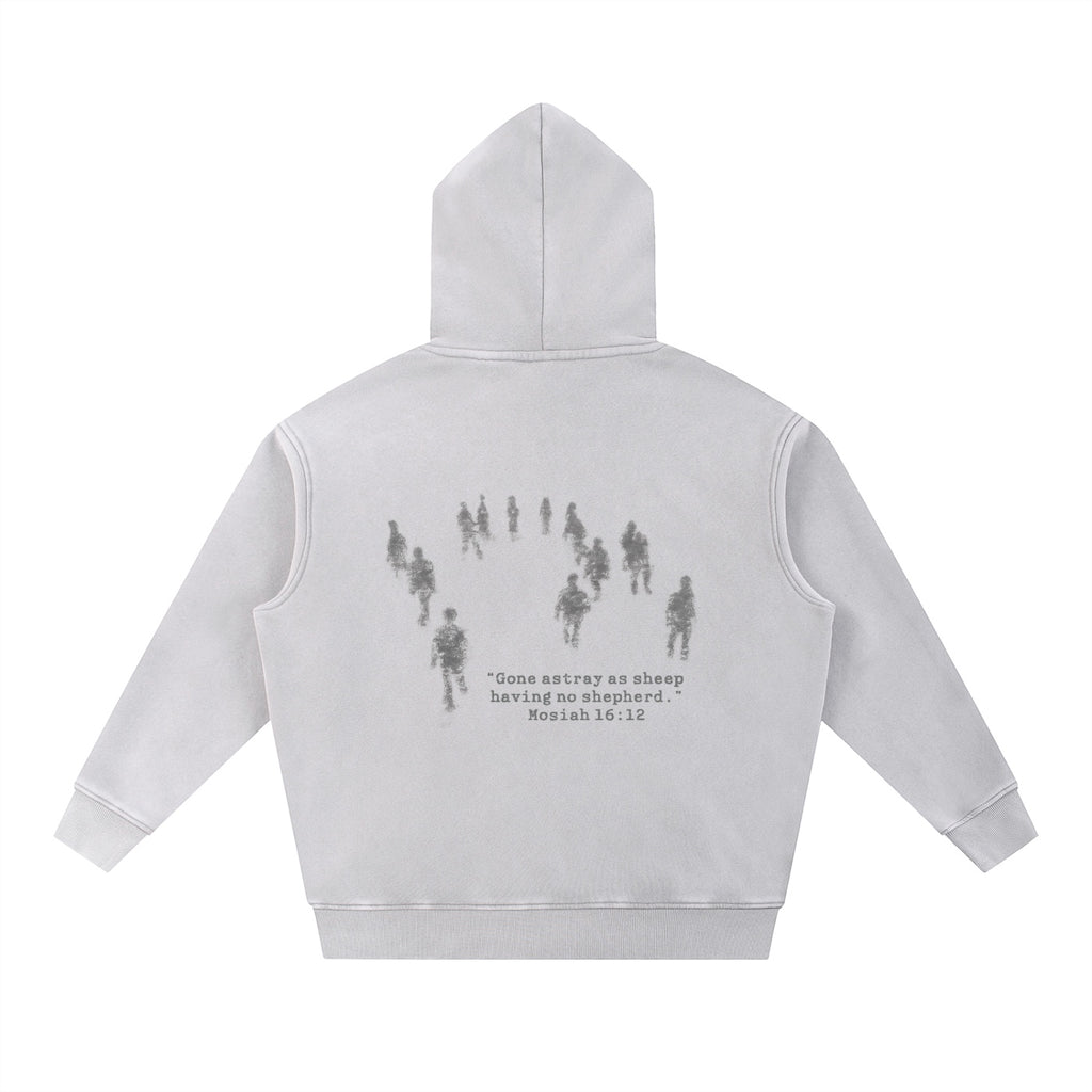 Foundation OFF PATH Oversize Hoodie in light grey with vintage wash. Features a graphic of people walking off path and text from Mosiah 16:12.