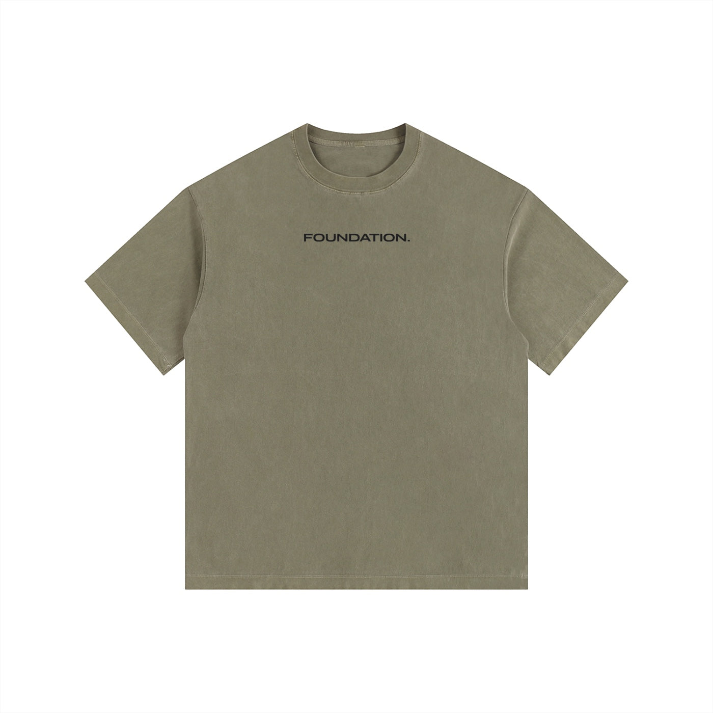 Foundation. oversized t-shirt in olive green cotton with black "FOUNDATION." text on front.