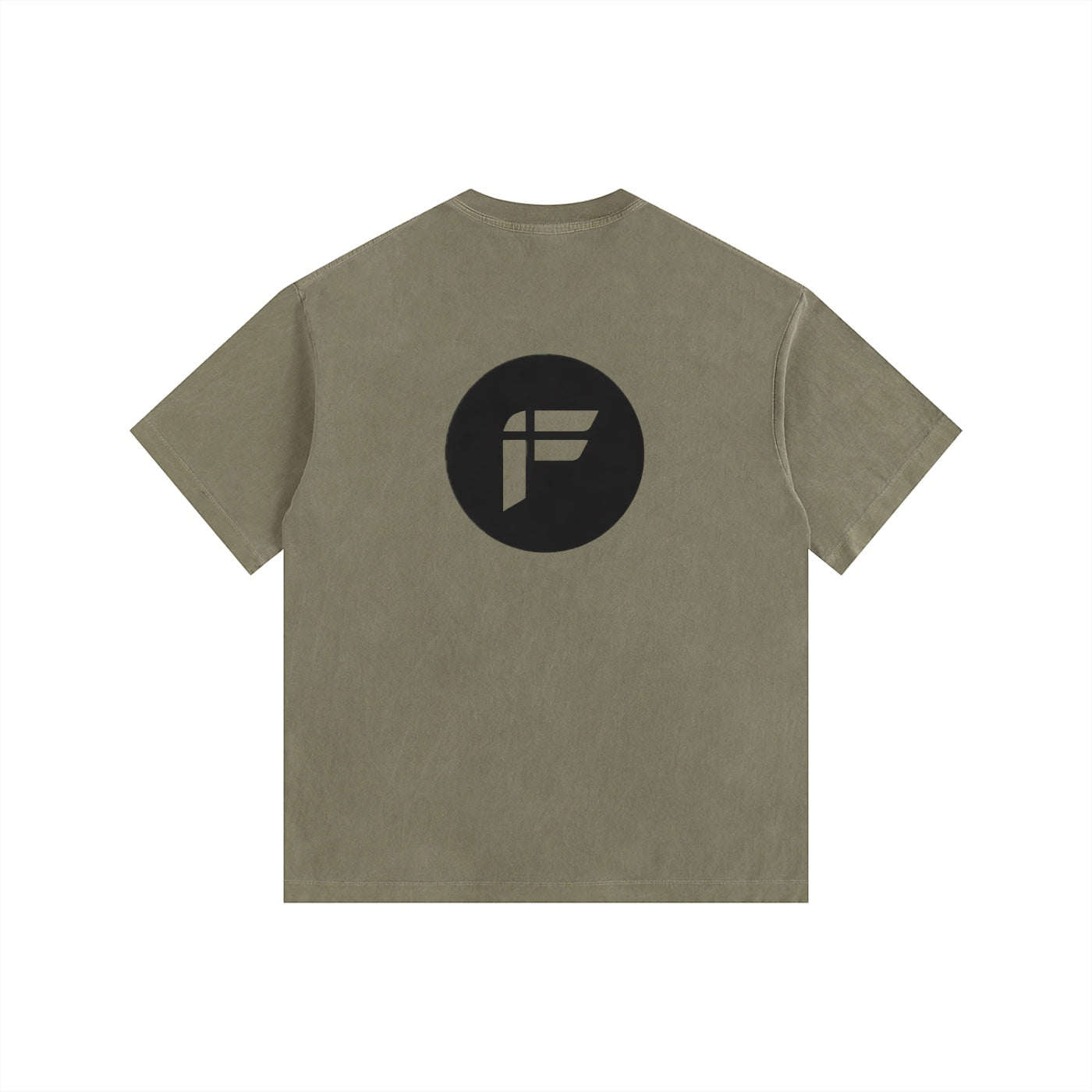 Foundation. oversized t-shirt in olive green with a black circular logo on the back.