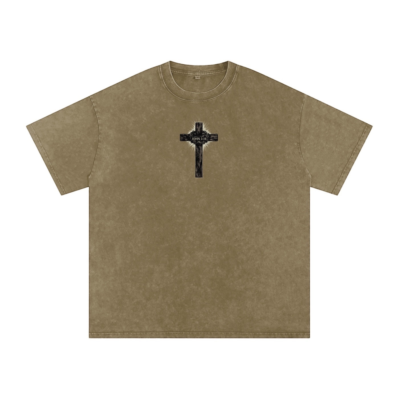 Foundation. Oversize acid-wash t-shirt in olive green with a distressed cross graphic and "JOHN 3:16" text on the front.