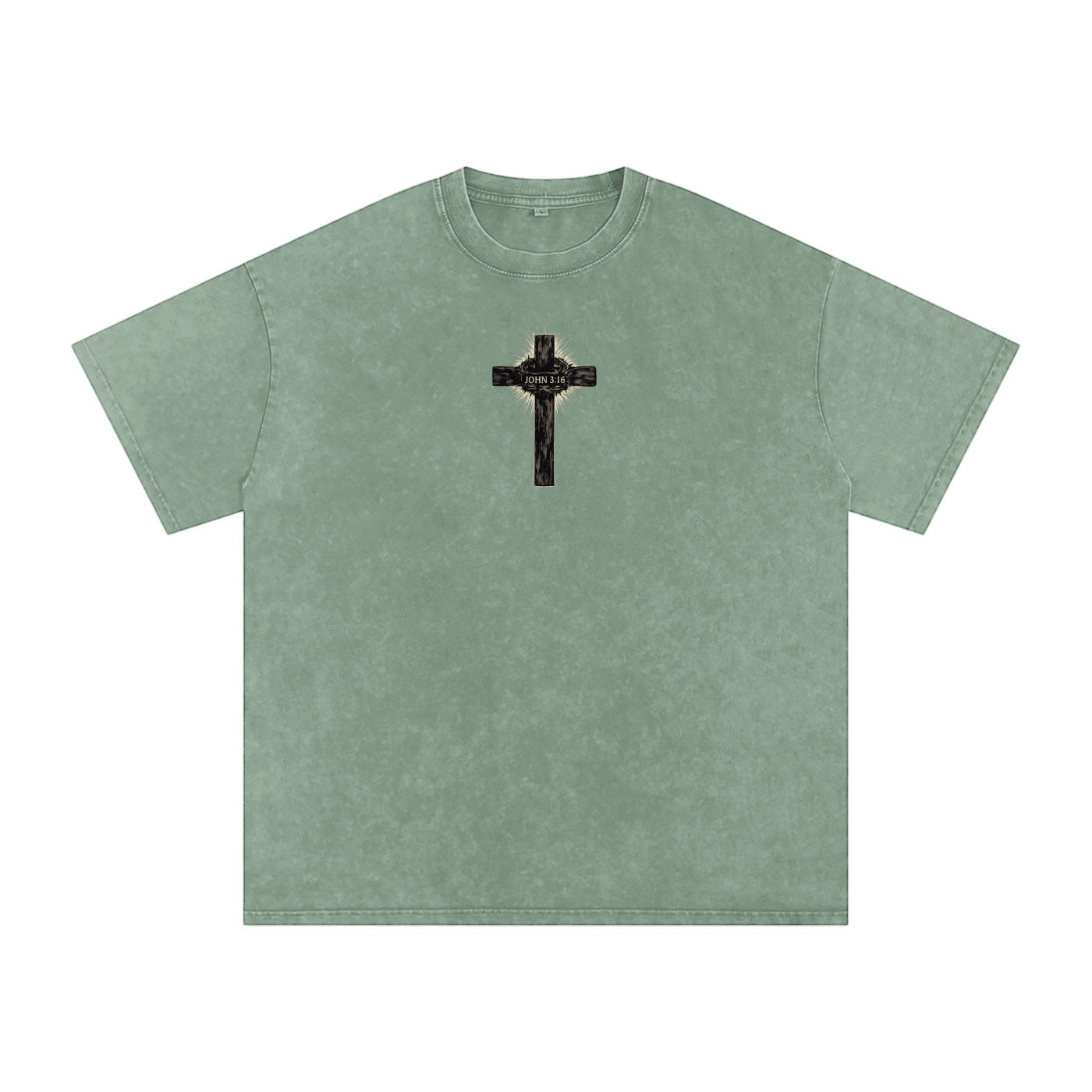 Foundation. Oversize acid-wash t-shirt in sage green with a distressed cross graphic and "JOHN 3:16" text on the front.