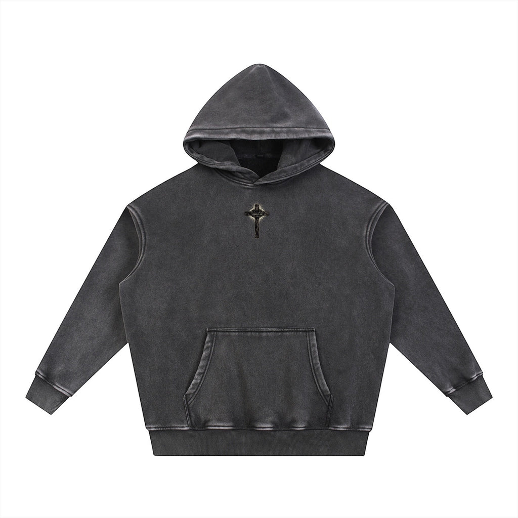 Foundation charcoal grey washed cotton blend oversized hoodie with embroidered cross detail on chest and large back graphic.