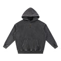 Foundation charcoal grey washed cotton blend oversized hoodie with embroidered cross detail on chest and large back graphic.