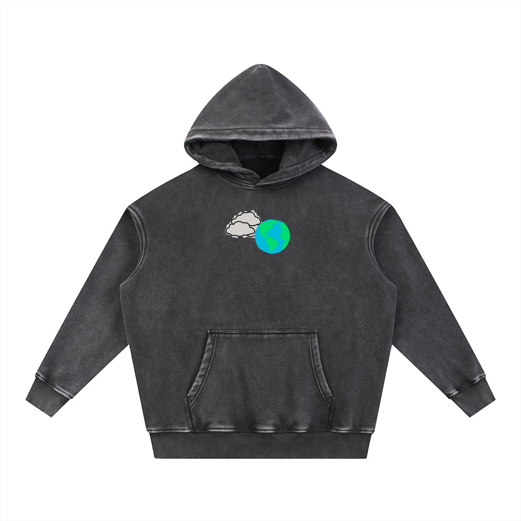Foundation charcoal grey vintage washed oversized cotton blend hoodie with cloud and earth graphic on back.