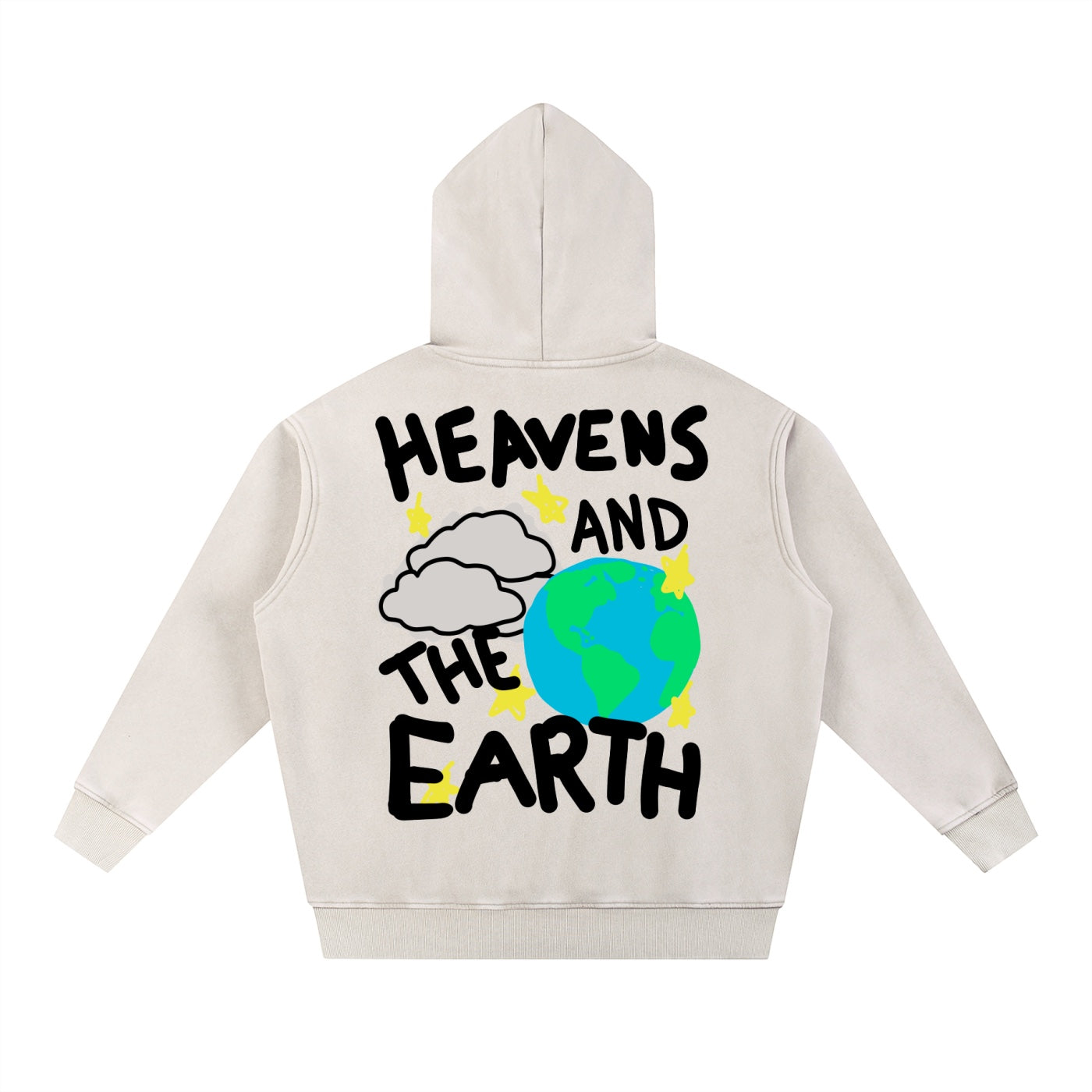 Foundation cream oversized hoodie with 'HEAVENS AND THE EARTH' graphic on back featuring clouds, stars, and globe.