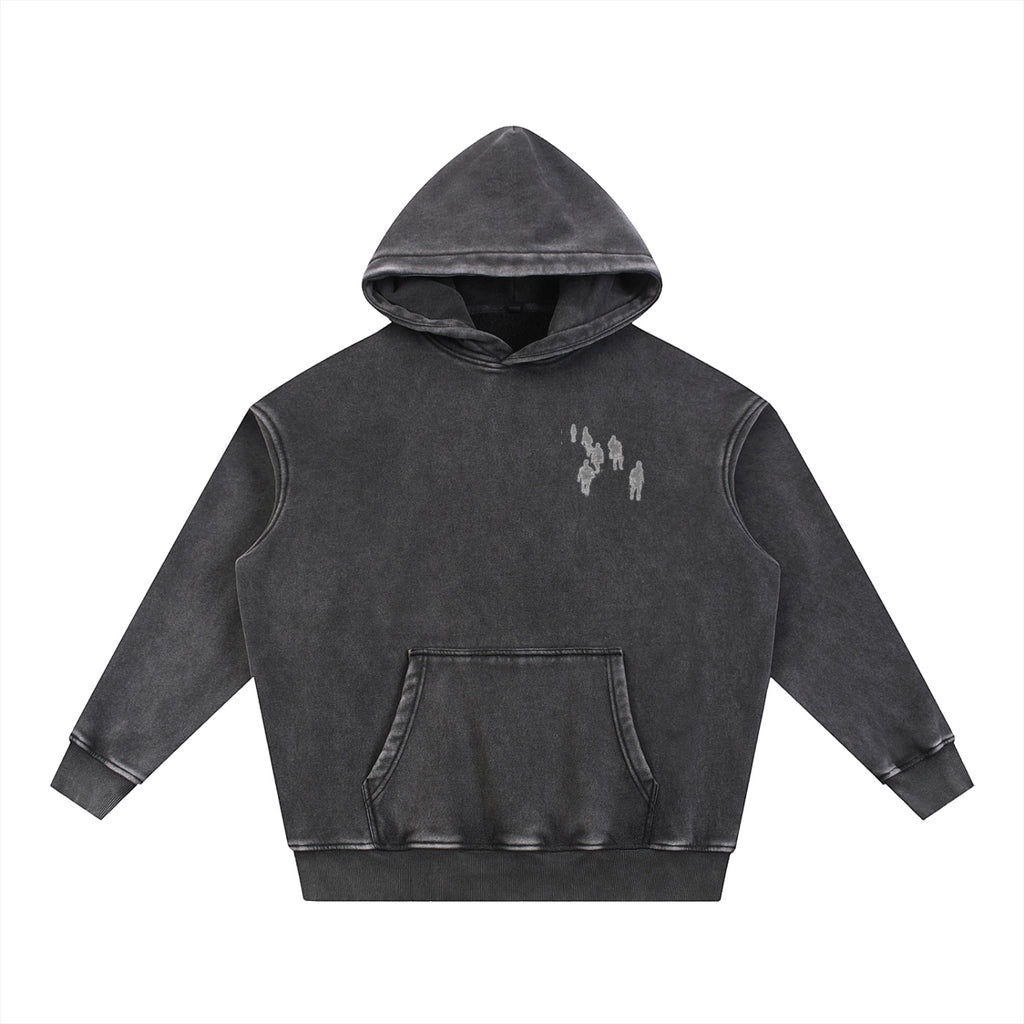 Foundation dark grey vintage washed oversized cotton blend hoodie with small graphic on chest and large graphic on back.