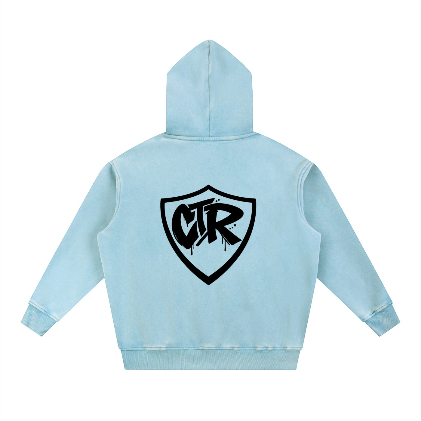 Foundation oversized light blue cotton blend hoodie with black CTR shield graphic on back. Vintage washed finish.