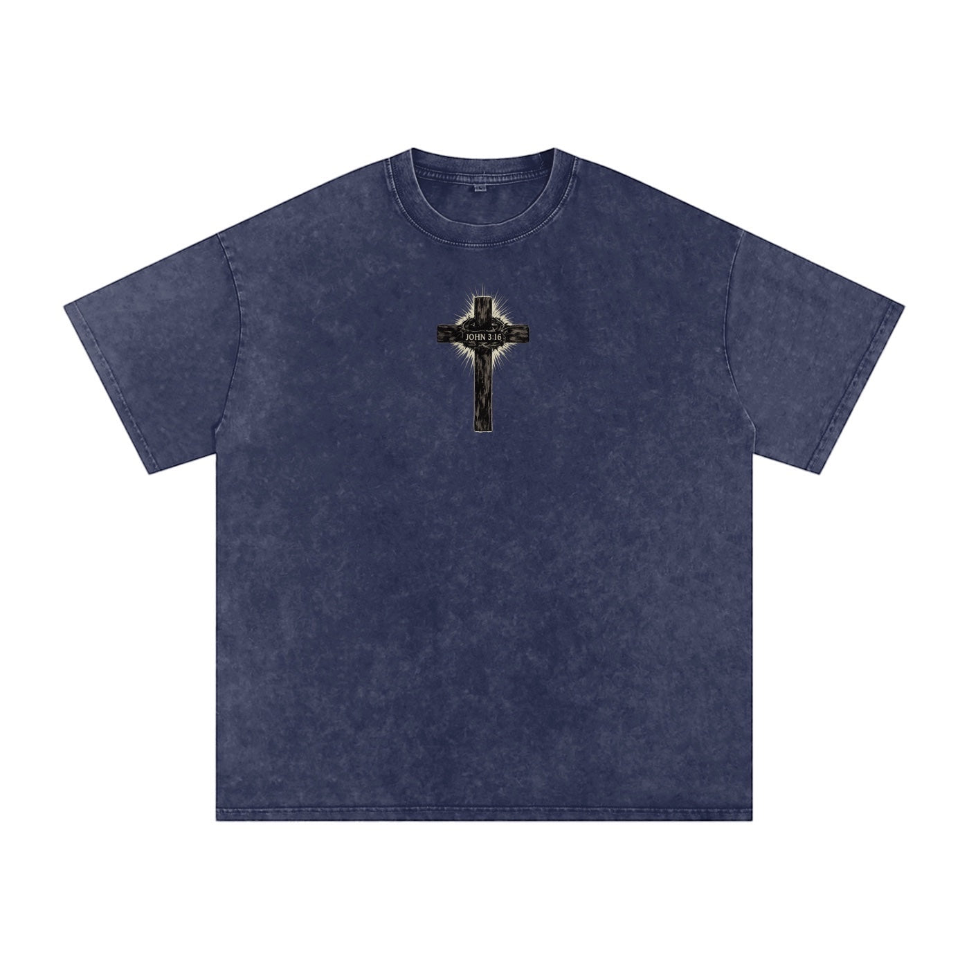 Foundation. Oversized navy acid-wash cotton t-shirt with a distressed cross graphic and "JOHN 3:16" text on the front.