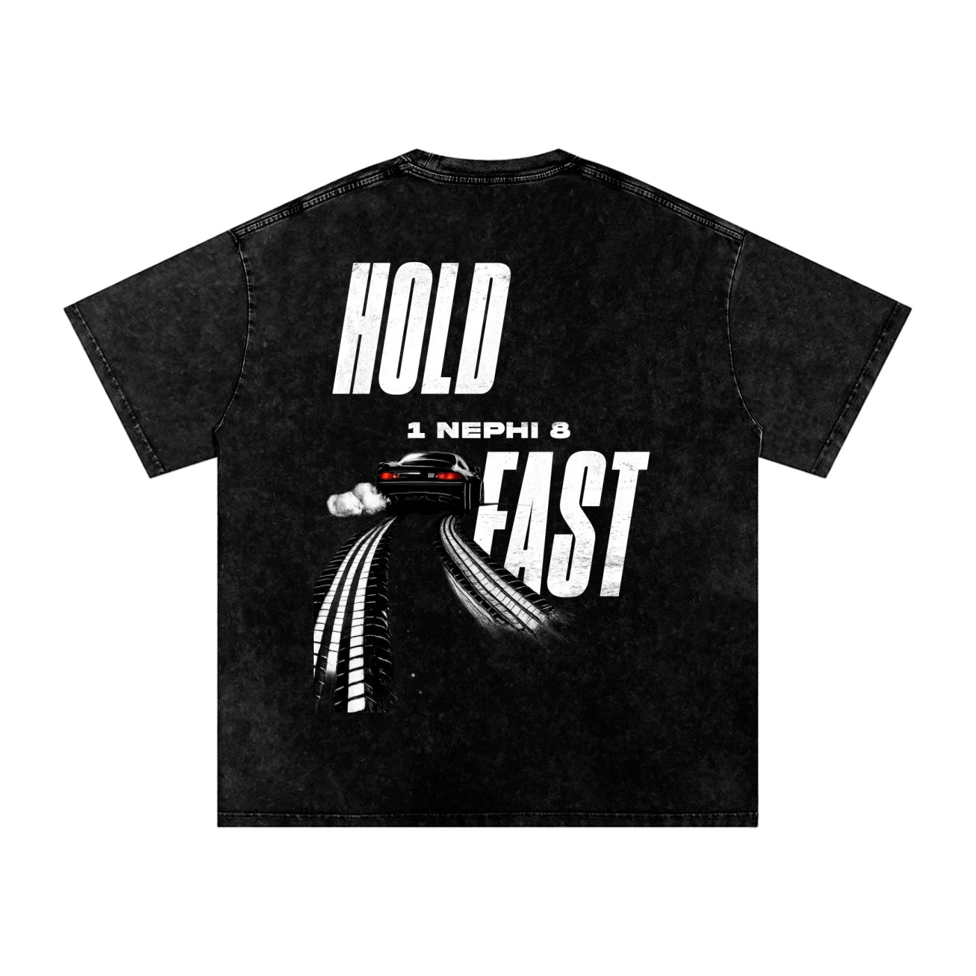 Foundation black washed oversized t-shirt with "HOLD FAST" graphic and car on back.