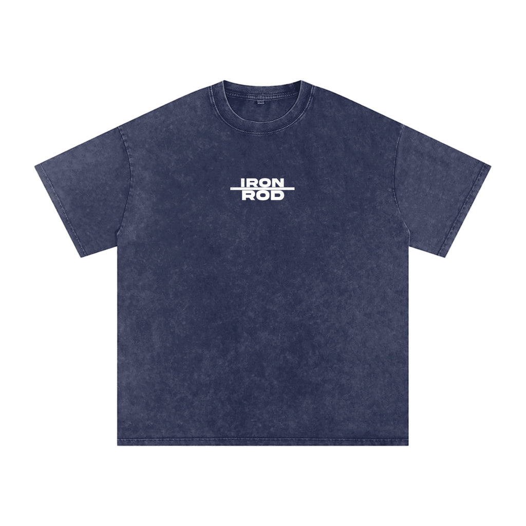 Foundation washed oversized navy t-shirt with white "IRON ROD" graphic on front.