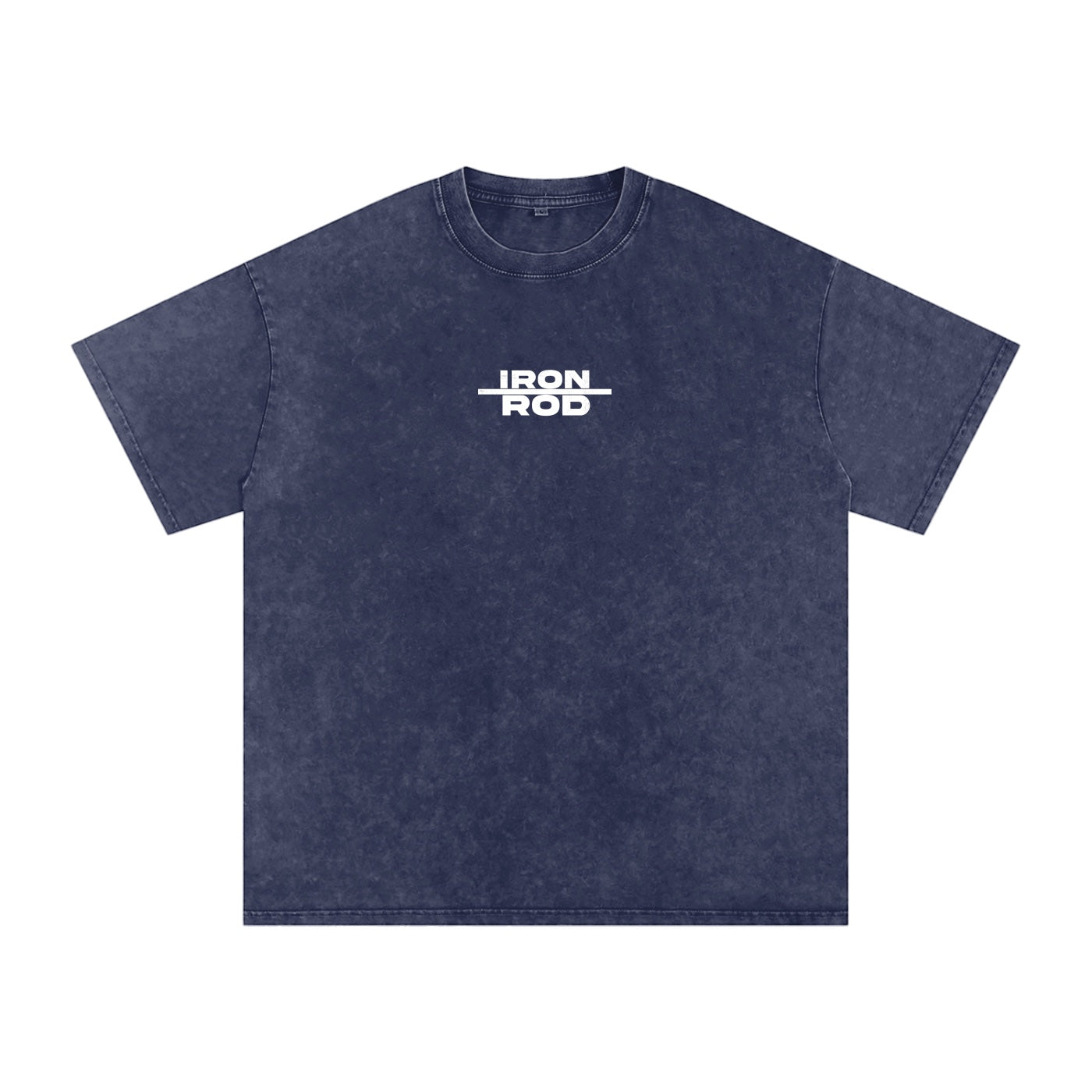 Foundation washed oversized navy t-shirt with white "IRON ROD" graphic on front.