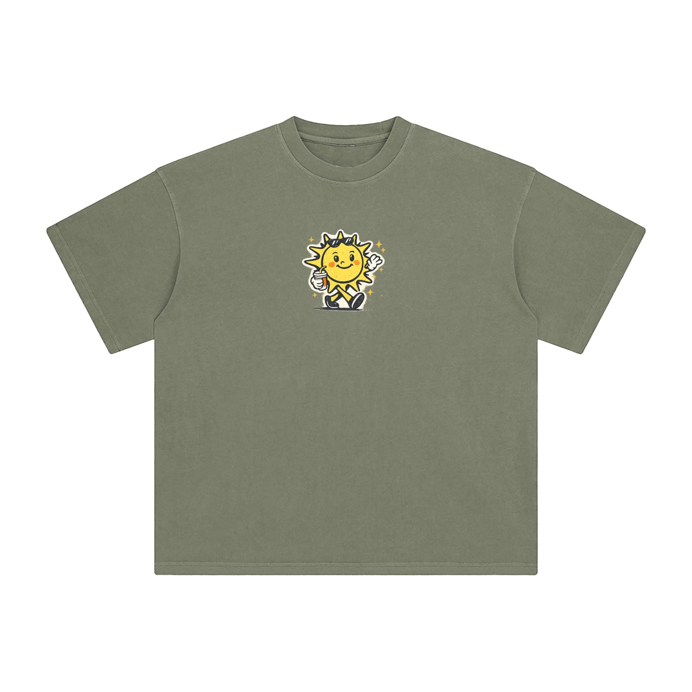 Foundation oversized olive green cotton t-shirt with a vintage wash and a graphic of a smiling sun holding a coffee cup.