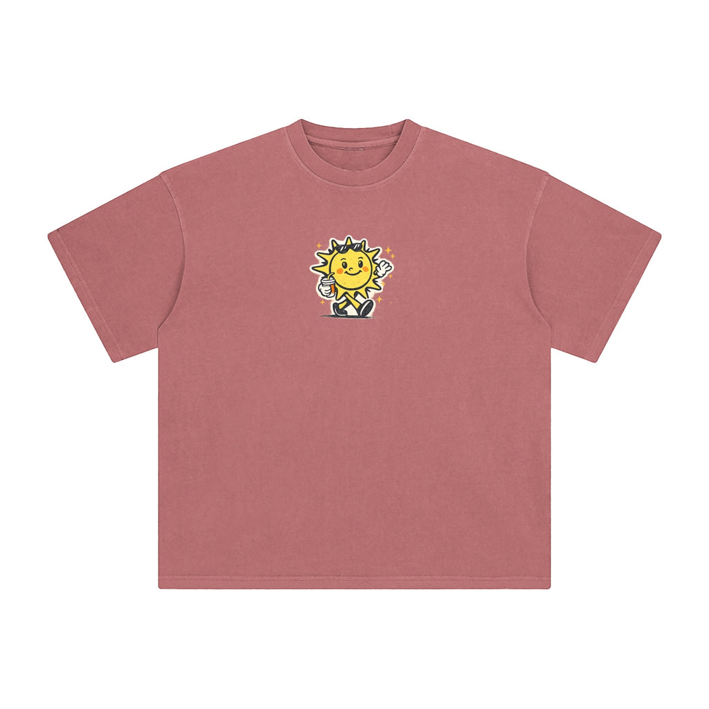 Foundation oversized vintage wash cotton t-shirt in rose pink with a graphic of a smiling sun holding a coffee cup.